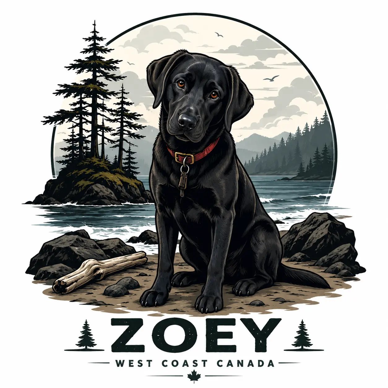 Zoey, a black Labrador, sitting on a rocky West Coast Canadian shore — mascot of Black Sands Adventures